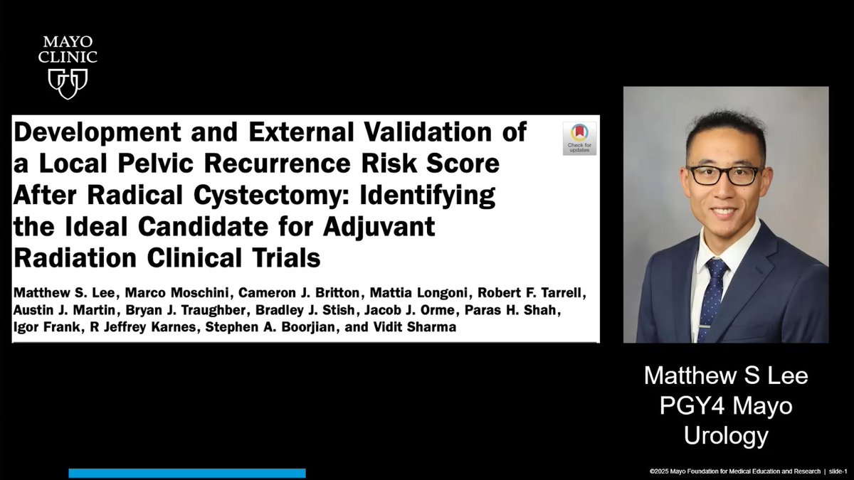 Predicting pelvic recurrence in #BladderCancer: A five-factor risk score. Vidit Sharma Mayo Clinic Urology joins Ashish M. Kamat, MD, MBBS MD Anderson News discussing a new pelvic recurrence risk score developed at Mayo Clinic and validated in #Milan. 🔹 Derived from 1,200 cases 🔹 5-year recurrence: 2%–52% (C-index 0.73–0.75) 🔹 Key factors: T stage, node+, margin+,