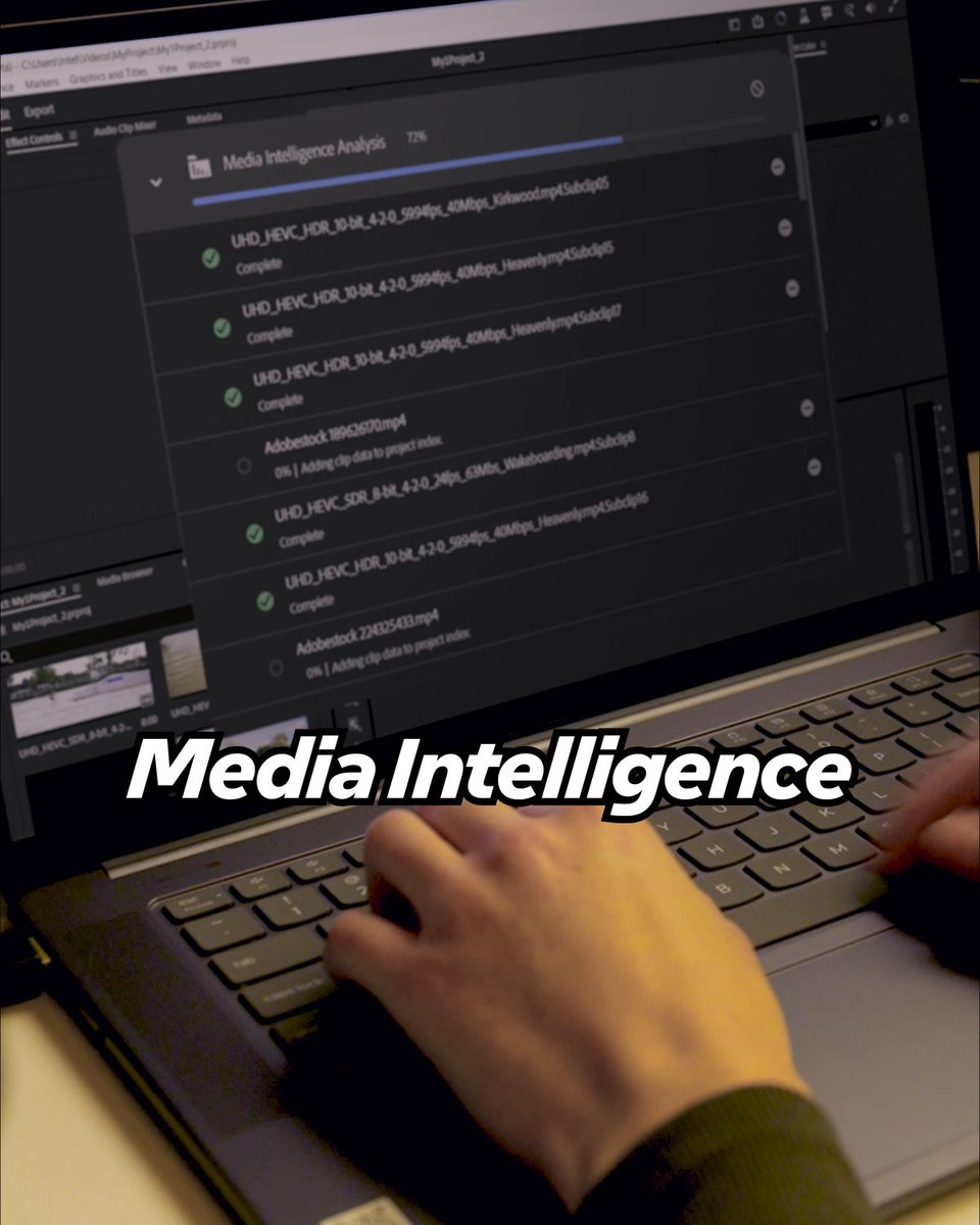 The media intelligence feature in Adobe Video Premiere lets you find the perfect shot fast on #IntelCoreUltra Series 3. Don’t spend hours searching for the right shot, type in what you want, get fast results, stay in the creative flow!