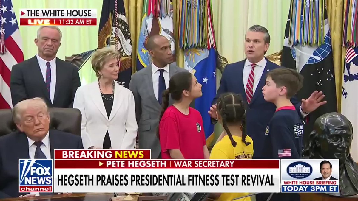 NEW: Secretary of War Pete Hegseth praises Trump’s restoration of the Presidential Fitness Test as a key to keeping America’s military strong for future generations: “We need young, strong, healthy Americans, whether you serve in the military or any other aspect of your life.” “And I think this Presidential Fitness Test, Mr. President, is a great, perfect thing to restore—something that sets high standards for young people and gives them something to achieve.”