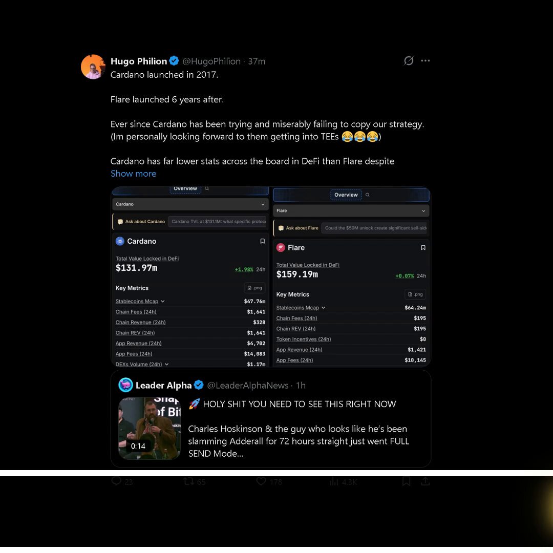 😱 CARDANO JUST GOT EXPOSED... AND IT'S BAD Has #Cardano has been secretly copying Flare’s entire playbook since 2017? But while they were busy playing catch-up, Flare absolutely SMOKED them in DeFi Current scores (according to DeFiLlama): Flare: $159M TVL + $6M 24h DEX volume Cardano: $132M TVL + pathetic $1.2M volume The Flare cofounder just dropped the receipts. Cardano’s “Bitcoin DeFi” narrative? Straight-up stolen strategy... but zero results.Real Bitcoin DeFi isn’t coming from ADA. It’s already happening on FLARE.Who’s still betting on Cardano in 2026? Drop a if you’re team Flare RT to expose the copycats #Flare #Cardano #BitcoinDeFi