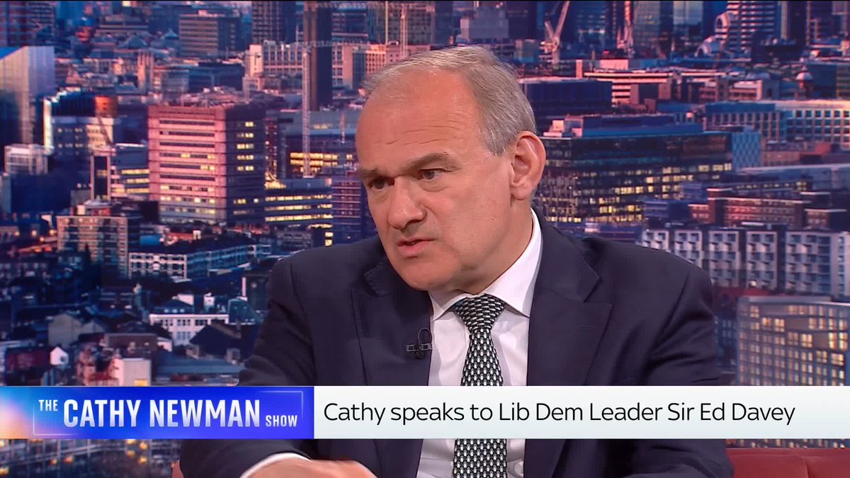 .Cathy Newman: 'Talk about banning things and stopping marches going ahead. It's not very Lib Dem, is it?' Ed Davey: 'We want to protect freedom of speech, but if there is going to be a protest hijacked by people spreading hate, the police need to be able to step in.'