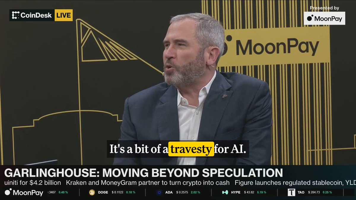 🎥 Ripple CEO Brad Garlinghouse: “Painting AI as the boogeyman, and this is bad.” “When the automated teller machine came out, people said bank tellers are gonna lose all they're gonna lose their jobs. 10 years later, there's twice as many bank tellers.” He makes the case against AI fear narratives on CoinDesk Live presented by MoonPay 🟣 at Consensus 2026 Miami.