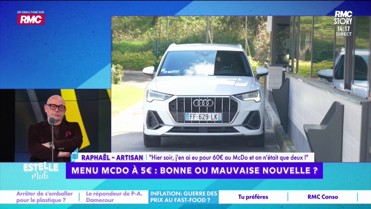 🍔 Menu McDo à 5€ 📞 Raphaël : "Ma femme et moi avons pris McDo, on en a eu pour 60 balles ! Un menu Golden Ligue 1, un double cheese bacon, un normal et 2 petits Ranch ! Quand je fais les courses pour 2 semaines, ça me coûte 250€ !" #EstelleMidi