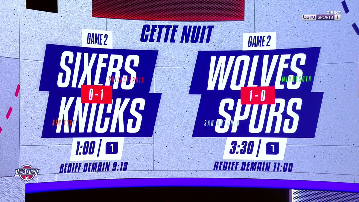 🏀 #NBAextra 👀🌙 Votre programme de la nuit : 👉 Sixers @ Knicks à 01:00 sur beIN 1 👉 Wolves @ Spurs à 03:30 sur beIN 1