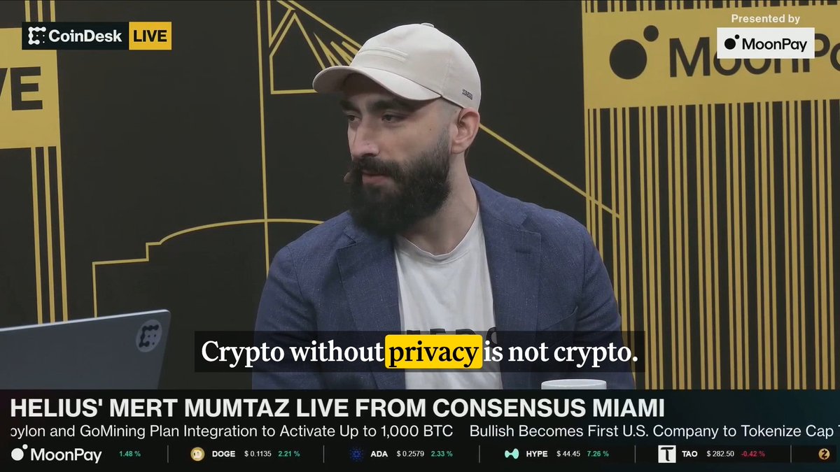 "Crypto without privacy is not crypto," mert says on stage at #Consensus2026 → Miami, presented by MoonPay 🟣.