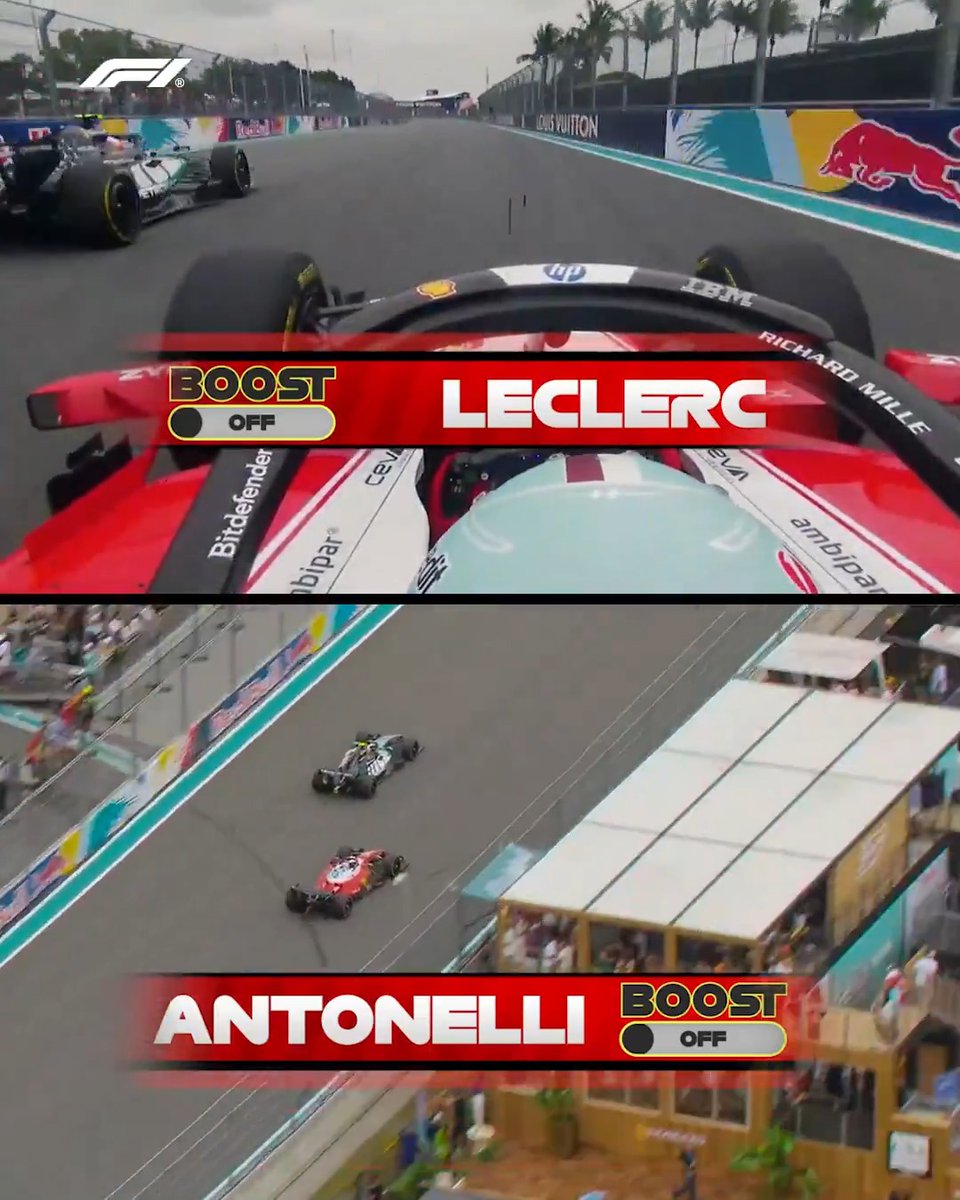 Charles Leclerc sweeps around Kimi Antonelli and takes the position, activating Boost on the way! 💪 Brought to you by Sting Energy. #F1 #MiamiGP