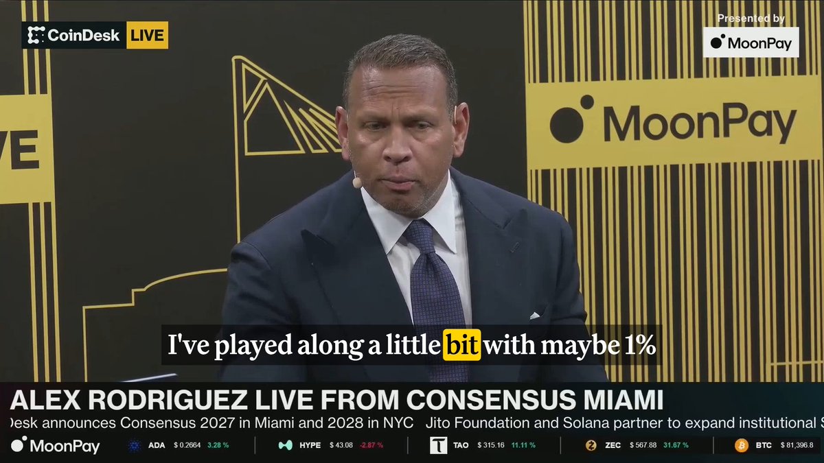 How much crypto does @ARod have in his portfolio? He reveals on stage at #Consensus2026 → Miami, presented by MoonPay 🟣