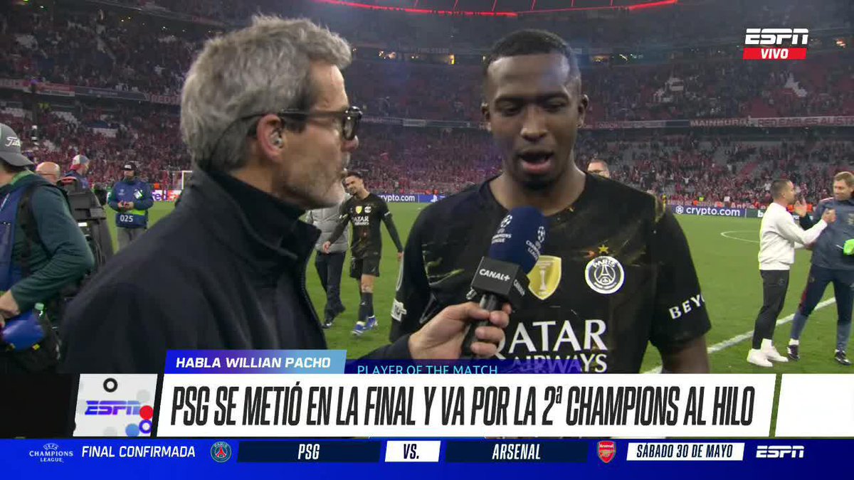 🗣️👏 “TENEMOS UN EQUIPO MUY BUENO” 🇪🇨 Willian Pacho fue elegido MVP de la semifinal de vuelta de la #CHAMPIONSxESPN ante el Bayern Múnich. El ecuatoriano expresó su emoción por llegar a una nueva final europea. ▶️ Mira #ESPNF360 en el Plan Premium de #DisneyPlus