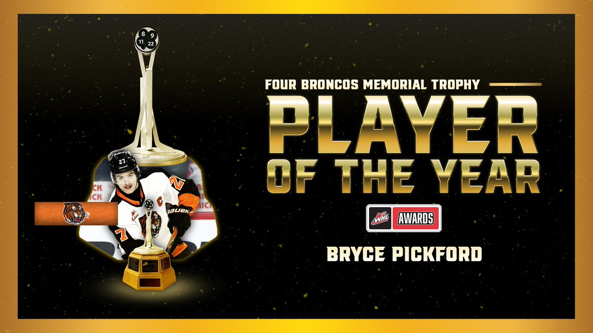 YEAR OF THE TIGER! Canadiens Montréal prospect and Medicine Hat Tigers captain Bryce Pickford is the recipient of the Four Broncos Memorial Trophy, awarded annually to the WHL Player of the Year. #WHLAwards