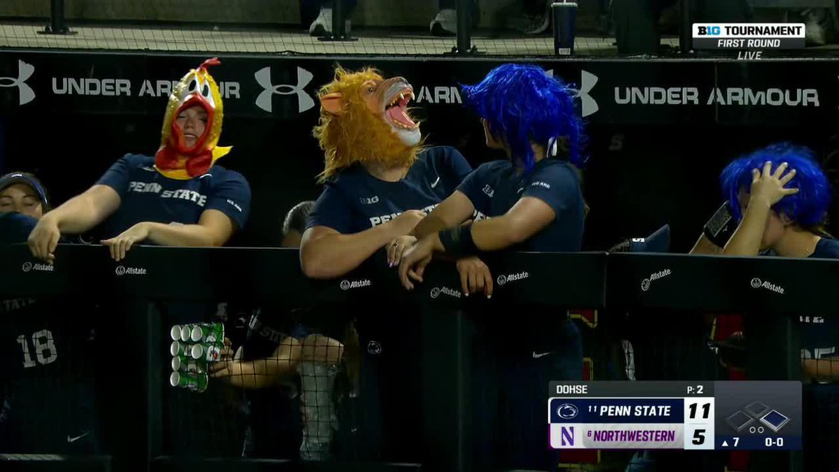 The Nittany Lions are having some fun with the rally masks and wigs 🐔🦁 Penn State Softball 📺: Big Ten Network