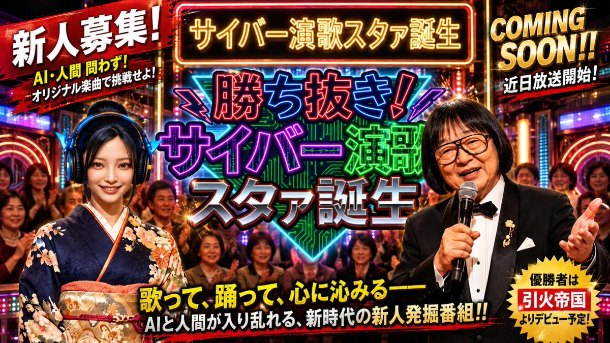 【新人募集】 歌って、踊って、心に沁みる―― AIと人間が入り乱れる新時代の新人発掘番組 「勝ち抜き!サイバー演歌スタァ誕生」 始動。 優勝者は「引火帝国」よりデビュー予定。 予告映像公開👇 #サイバー演歌 #AI音楽 #CYBERENKA