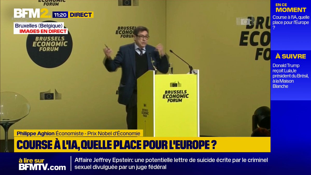 💬"La démocratie et la liberté sont en Europe, plus aux États-Unis" ➡️Le prix Nobel d'économie Philippe Aghion participe à un forum sur l'IA à Bruxelles et porte l'espoir "d'une IA plus éthique, plus inclusive, plus humaine" en Europe #BFM2