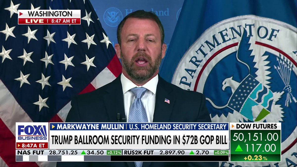 NEW: DHS Secretary Markwayne Mullin pledges to complete the border wall from the Pacific to the Gulf of America by mid-2027 as the administration ramps up construction. Mullin warned that securing the southern border is increasing pressure on the north, while "bad actors" and terrorists utilize sanctuary cities as safe havens due to lack of local political cooperation. "We expect to have the first primary wall put up, and that's going to go from the Pacific to the Gulf of America by hopefully April or June of next year. Now we still have a secondary wall we got to build with that, but will be done before the president's out of office." | Mornings with Maria Maria Bartiromo