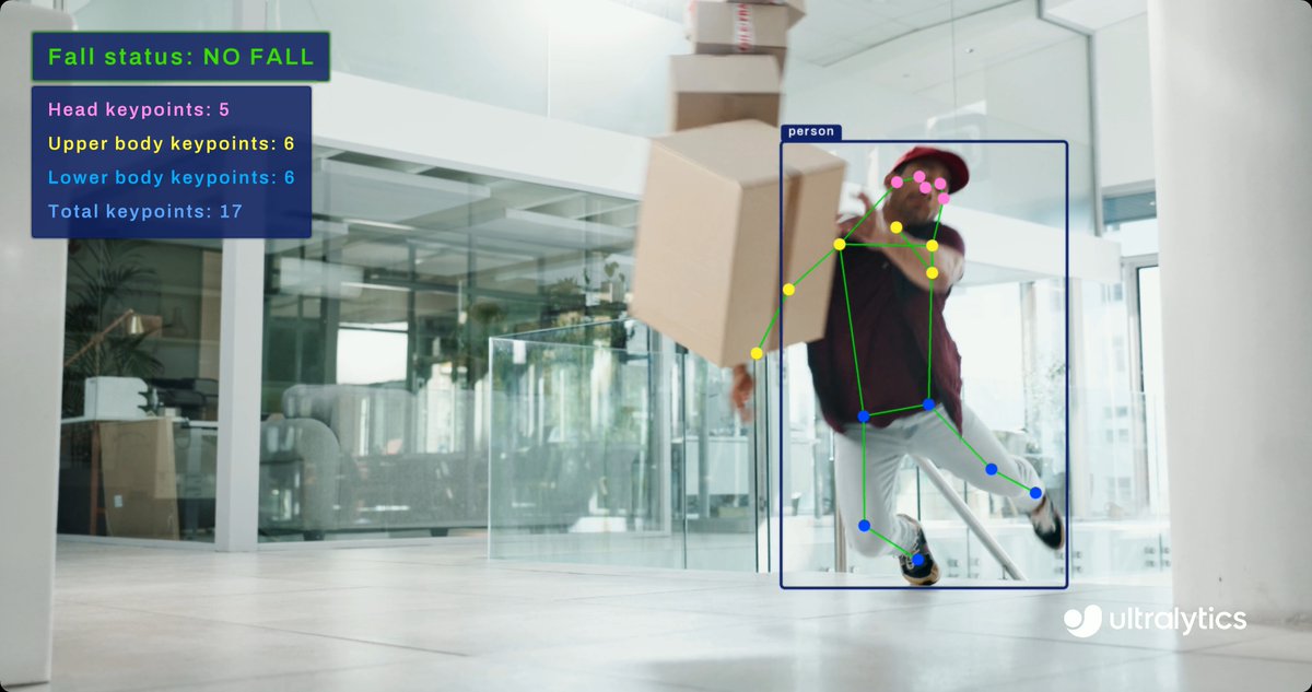 Detect worker falls in real time with Ultralytics YOLO26! 📦 Combine object detection and pose estimation to identify when a person carrying luggage boxes falls, helping logistics teams improve warehouse safety and respond faster to incidents. Get started ➡️ #Ultralytics #YOLO26 #AI #Logistics #WorkplaceSafety