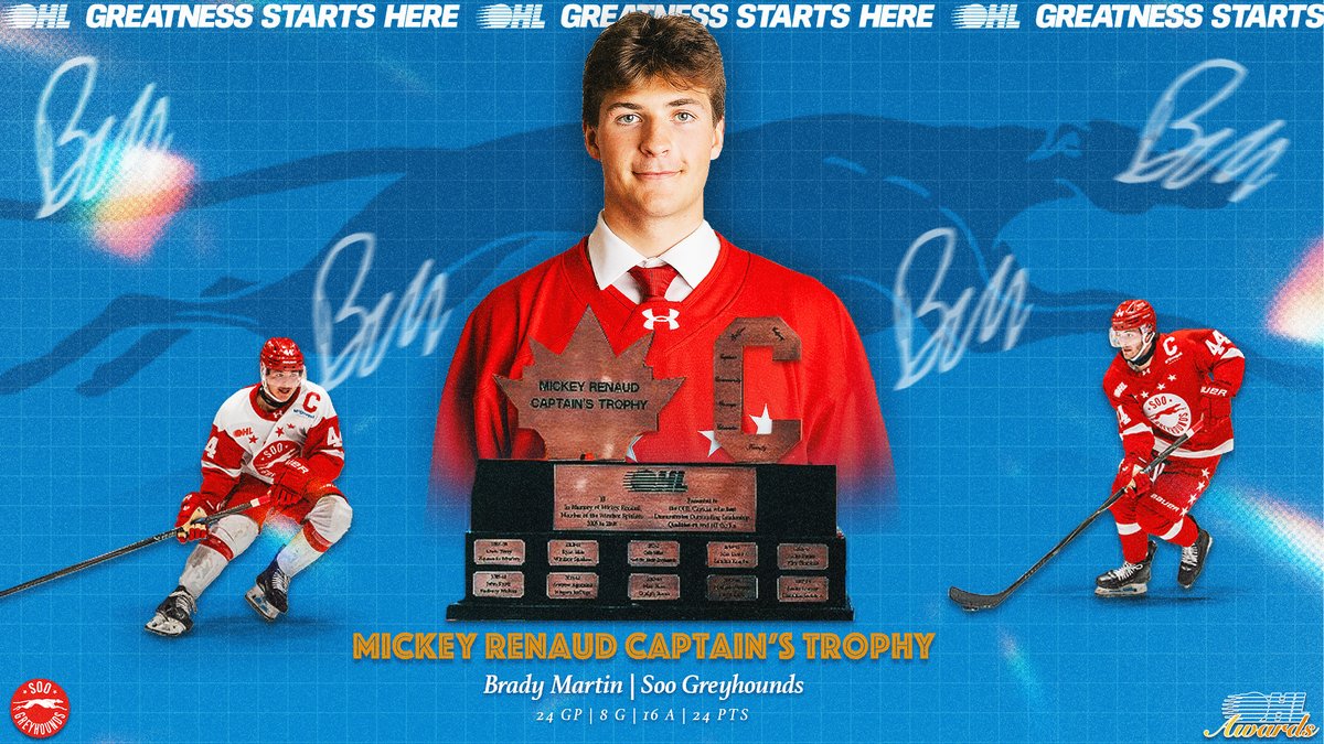 Brady made a difference 👏 X - Soo Greyhounds captain Brady Martin is this year's winner of the Mickey Renaud Captain’s Trophy for his contributions on and off the ice. DETAILS 🗞️: #OHLAwards | Nashville Predators