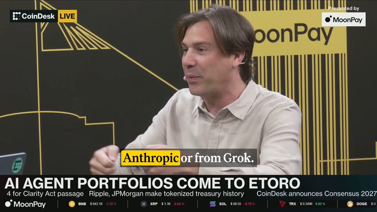 🤖 etoro founder and CEO Yoni Assia breaks down on they are bringing intelligence to investors. On CoinDesk Live at Consensus 2026, presented by MoonPay 🟣.
