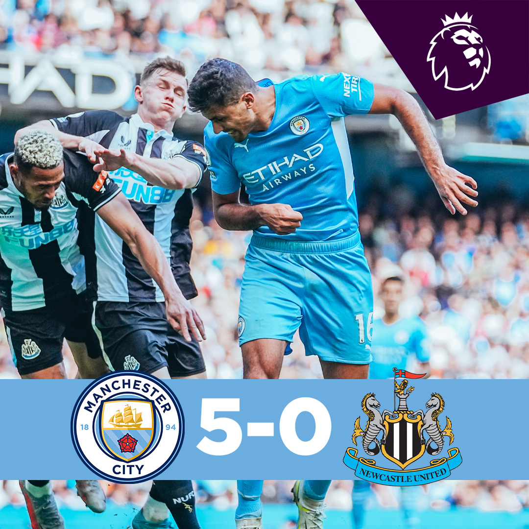 #OnThisDay: #ManCity 5-0 Newcastle [2022] ⚽️ [19', 90+3'] Raheem Raheem Sterling ⚽️ [38'] Aymeric Aymeric Laporte ⚽️ [61'] Rodri ⚽️ [90'] Phil Foden