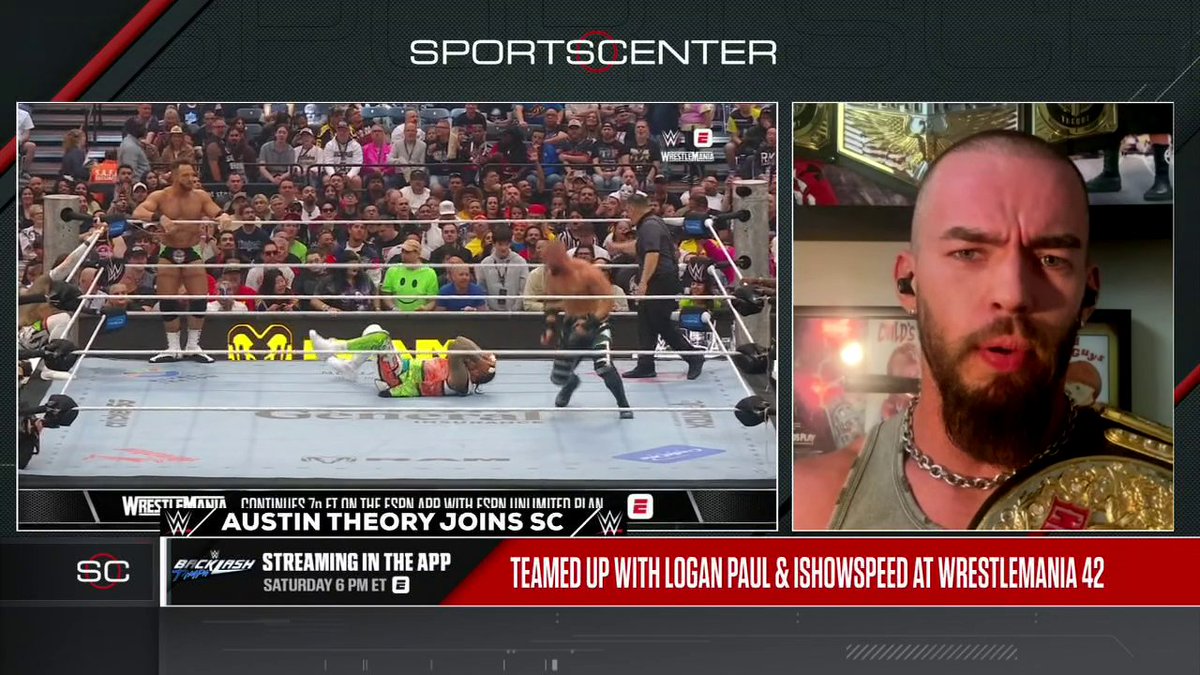 "All of [Speed⭐️'s] athletic abilities that people were impressed with at WrestleMania. It came from Austin Theory and Logan Paul." Austin Theory joins SportsCenter to discuss WrestleMania 42 and Backlash on Saturday night 😤