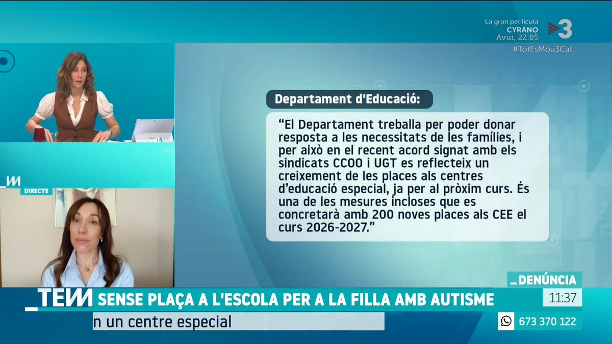 🔴 Zaida Dionisio, mare d’una nena amb autisme, explica que el pròxim curs la seva filla s’ha quedat fora dels centres d'educació especial escollits per manca de places. El Departament d’Educació comunica que treballa per ampliar-les. #TotEsMou3Cat ▶