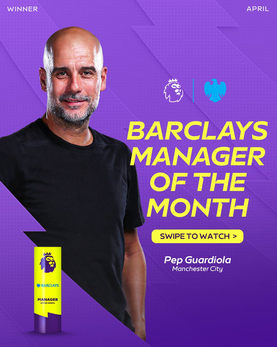 BREAKING: 3 wins from 3 games including a victory over their title rivals in April earns Manchester City manager Pep Guardiola the Premier League Barclays Manager of the Month award 🥇