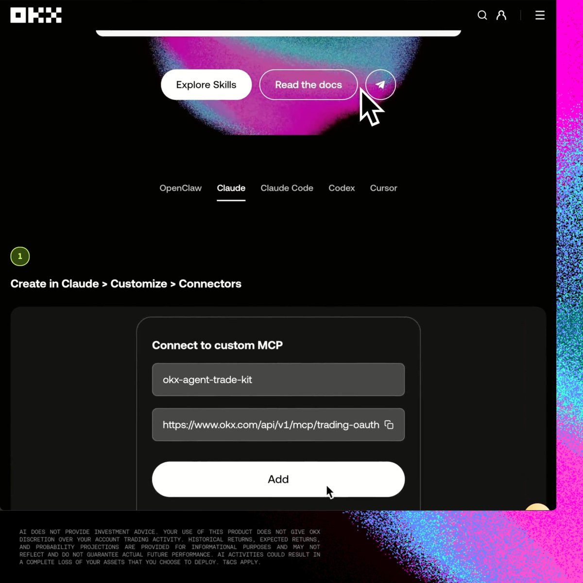 The first OAuth built for AI agents managing real trading accounts. Connect agents to your OKX account in 60s — skip the API keys & configs. One-time authorisation unlocks real + demo trading. Plus Earn-Only mode, allowing agents to earn yield without trade or withdraw access.