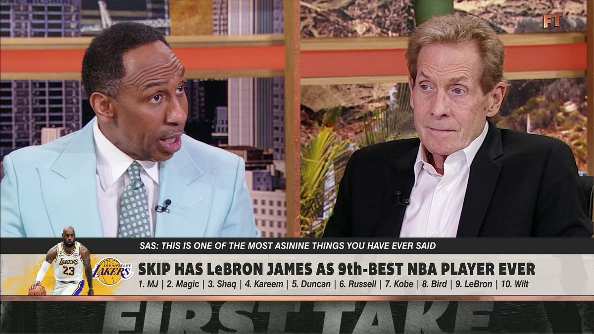 “That is one of the most asinine things that has ever come out of your mouth in your illustrious career in television.” 😳 Stephen A Smith reacts to Skip Bayless putting LeBron at No. 9 for all-time NBA players 🍿