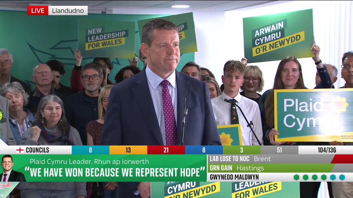 'Plaid Cymru now stands ready to take the necessary steps to form the next government of Wales.' Leader of Plaid Cymru, Rhun ap Iorwerth, speaks after his party became the largest in Wales after the Senedd elections.