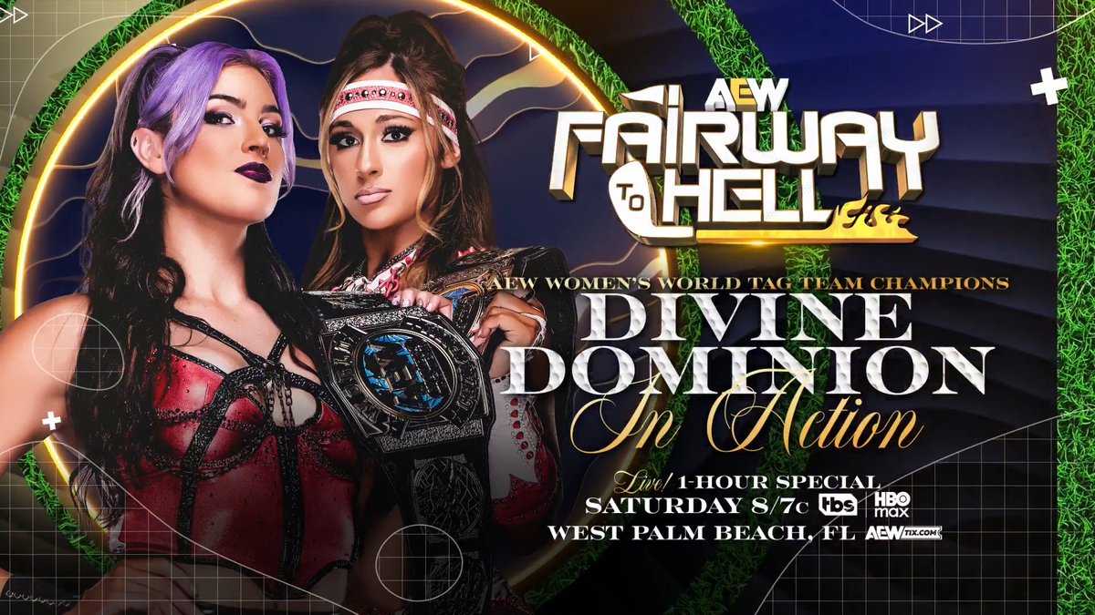 #AEWCollision: Fairway to Hell 8/7c, TBS + HBO Max Tomorrow, 5/9! AEW Women's World Tag Team Champions @MeganBayne + Lena Kross レナ・クロス In Action! Divine Dominion tower over the AEW Women's Tag Team Division in a dominant fashion! Bayne + Kross will be in action, TOMORROW!