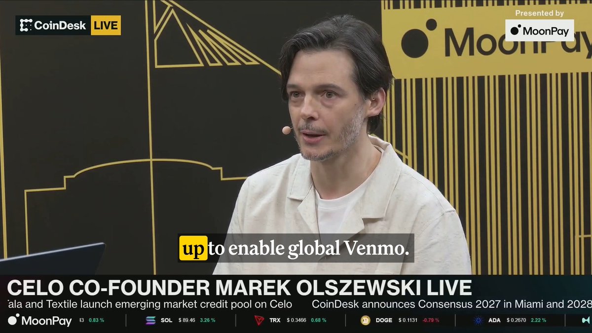 "Global Venmo will happen, probably in the next 5 to 10 years, and it's gonna happen on Celo." Co-founder marek.celo.eth 🦇🌳 on the future of payments at #Consensus2026 → Miami, presented by MoonPay 🟣.