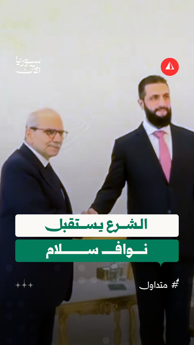 المشاهد الأولى من استقبال الرئيس أحمد الشرع لرئيس الحكومة اللبنانية نواف سلام في قصر الشعب بدمشق #متداول