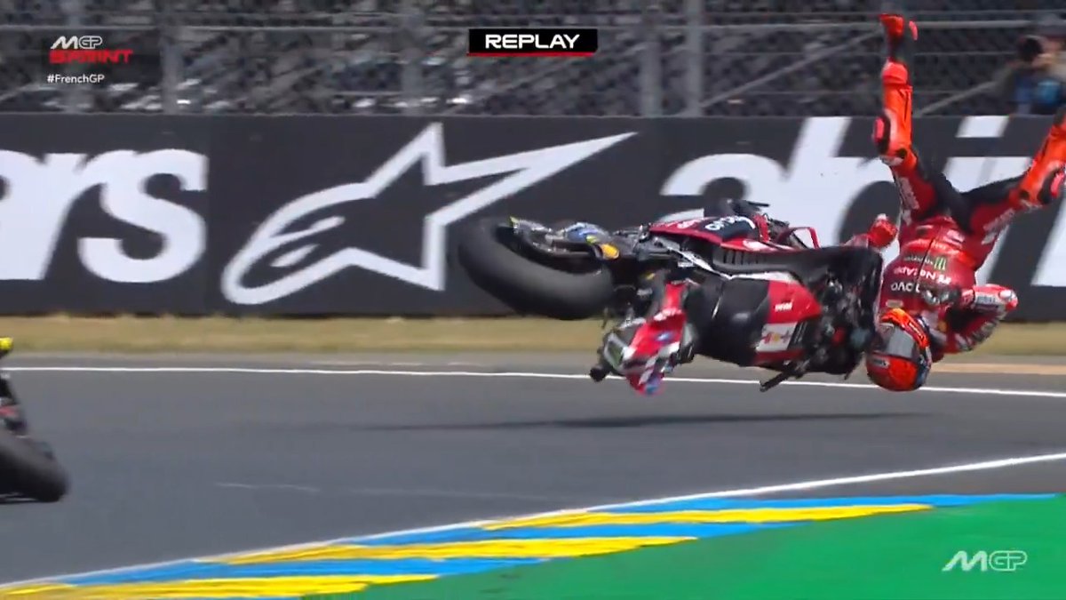 AN ABSOLUTELY MASSIVE CRASH for Marc Márquez 💥 Thankfully he's up on his feet #FrenchGP 🇫🇷