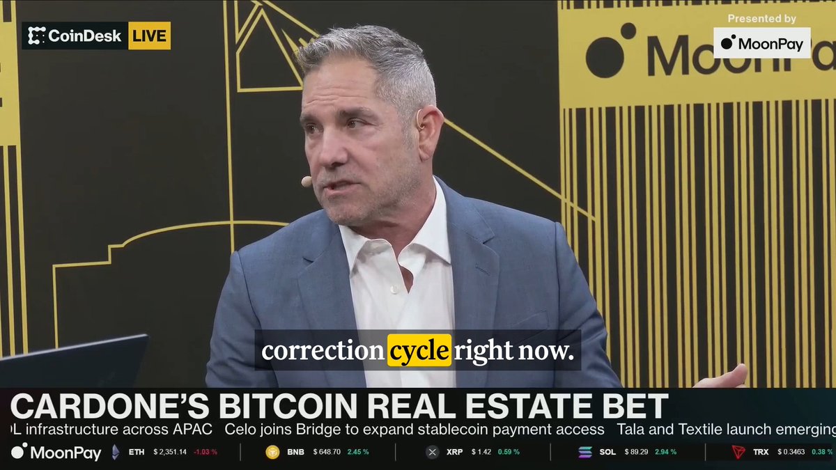 🏡 Grant Cardone points out the"multi-trillion dollar problem" in real estate. "We're in a massive real estate correction cycle right now." On CoinDesk Live at #Consensus2026 → Miami, presented by MoonPay 🟣.