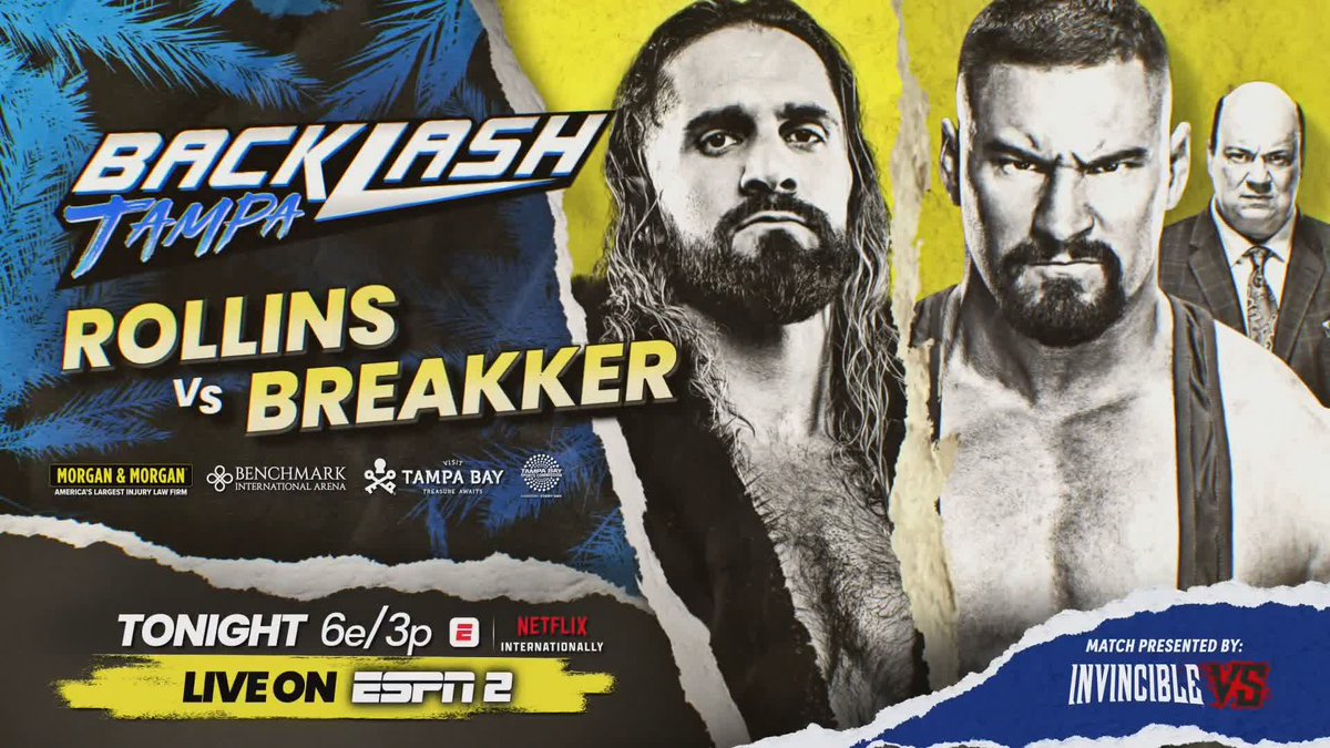 .Bronson Steiner vs. Seth Rollins will KICK OFF #WWEBacklash! #WWEBacklash streams TONIGHT at 6 ET/3 PT on the ESPN App with ESPN Unlimited! Catch the second hour of Countdown to #WWEBacklash and the first hour of #WWEBacklash LIVE on ESPN2!
