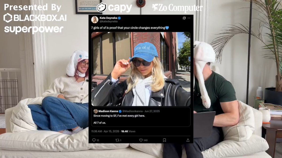 we reacted to the "7 Girls of SF Hat" made by Madison Kanna that Kate Deyneka was rocking on the timeline. it's a good hat and i am proud to say that i also have one