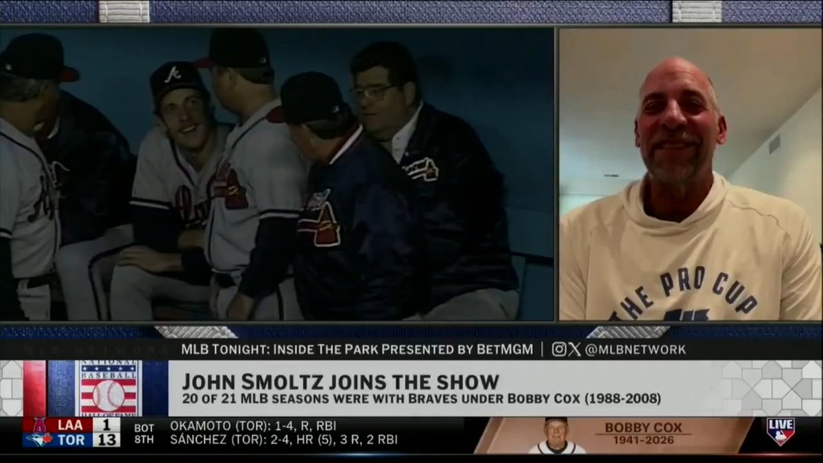 "There's no chance I get inducted into the National Baseball Hall of Fame and Museum ⚾ without Bobby Cox... he embodied what it is to lead men." Atlanta Braves icon John Smoltz reflects on the legacy of his longtime manager Bobby Cox.