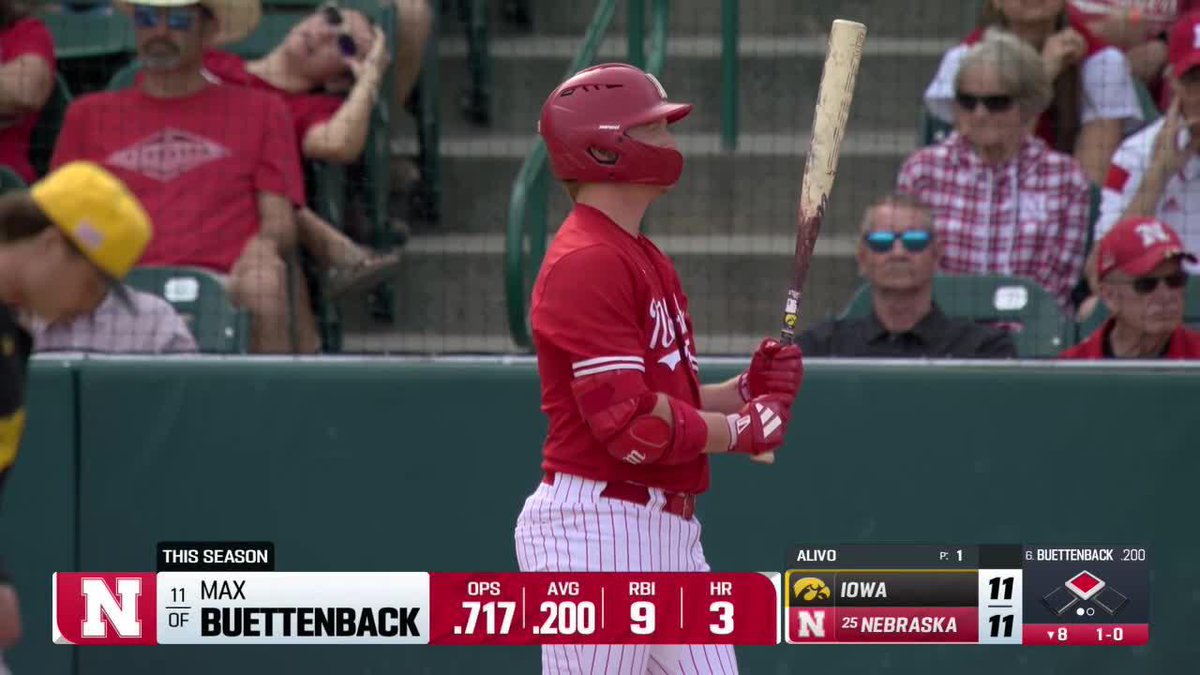 BACK ON TOP. 🔼 RBI single by Buettenback gives the Huskers the lead! B8 | Nebraska 12, Iowa 11