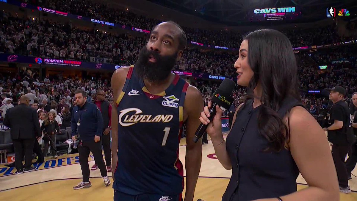 James Harden talks with Ashley ShahAhmadi after the Cavs Game 3 win.