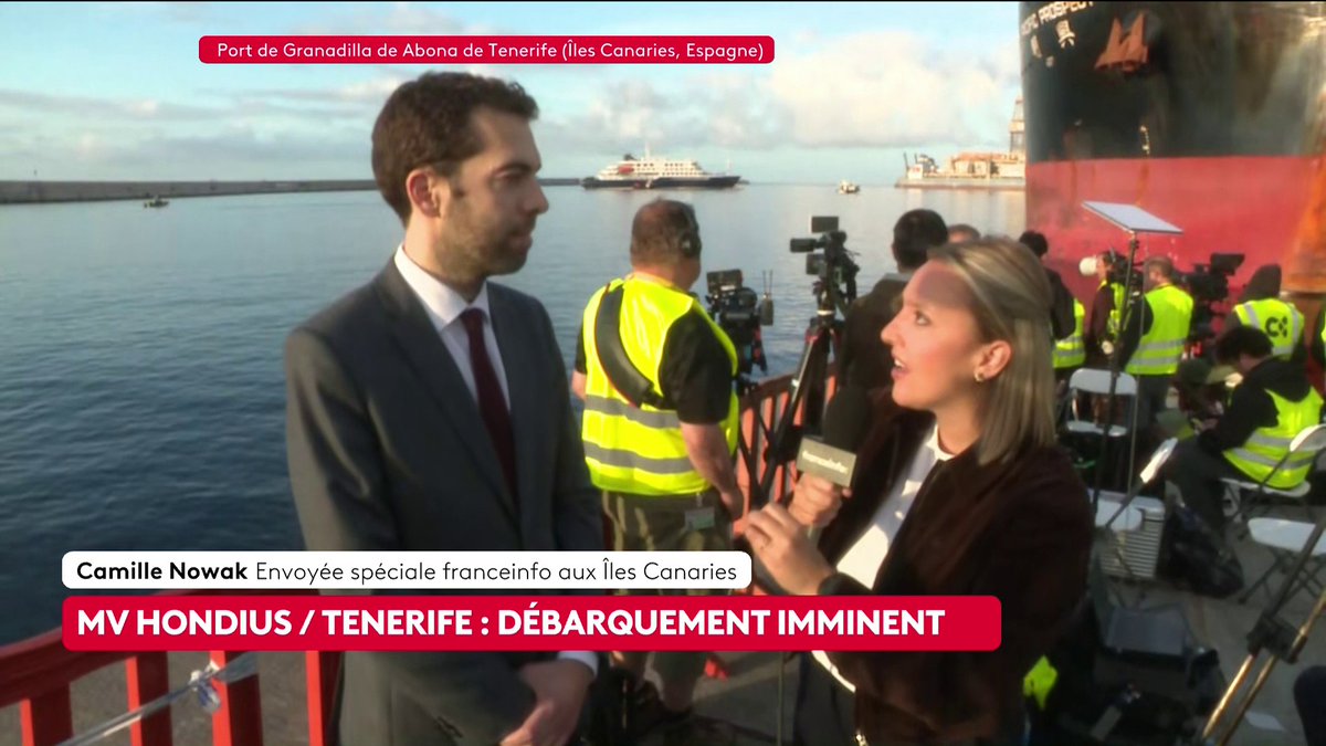 🔴 Arrivée des passagers français du "MV Hondius" en France : "Ils seront pris en charge, emmenés à l'hôpital pour 72h et si tout va bien placés à l'isolement pour une durée de 45 jours" 🗨️ Nicolas Pillerel, numéro deux de l'ambassade de France en Espagne