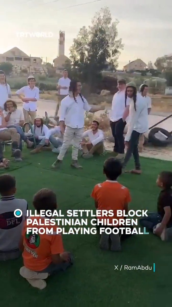 Illegal Israeli settlers blocked Palestinian children from playing football on their own village field Settlers sat in front of the kids. Chanted in Hebrew. While children stood by helplessly. It isn't a news until someone throws a stone back