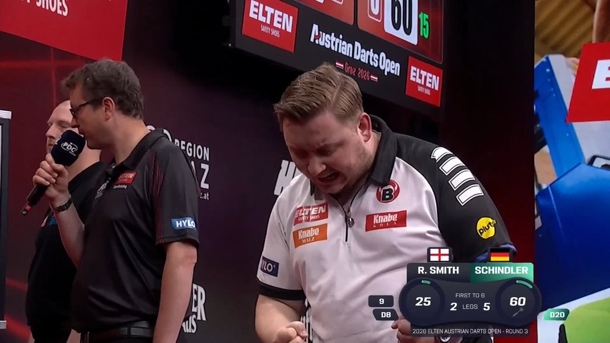 SMUDGER STALLED BY THE WALL! 🧱 In a repeat of last year's final, Martin Schindler beats Ross Smith to move on in the Austrian Darts Open. Will the German pick up another green jacket in tonight's final session? 📺 #ET6