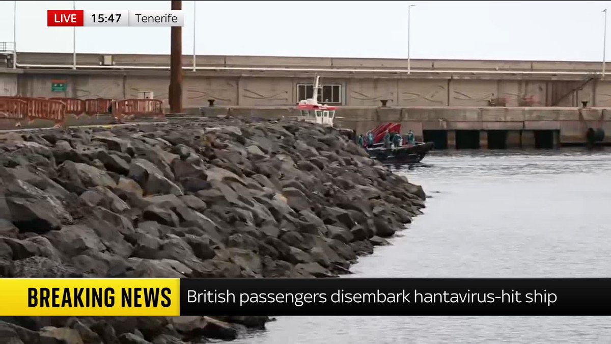 BREAKING: The British passengers onboard the hantavirus-hit cruise ship are being ferried by a small boat from the MV Hondius to a port in Granadilla de Abona, Tenerife. 📺 Sky 501 and YouTube