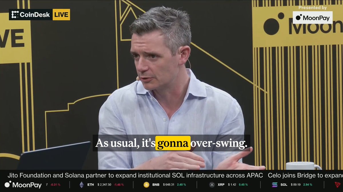 CoinShares CEO Jean-Marie Mognetti (J2M) on the U.S. Bitcoin ETF flood: "Are they all useful? Absolutely not, and you're gonna see at some point some of them shutting down." On CoinDesk Live at #Consensus2026 → Miami, presented by MoonPay 🟣.
