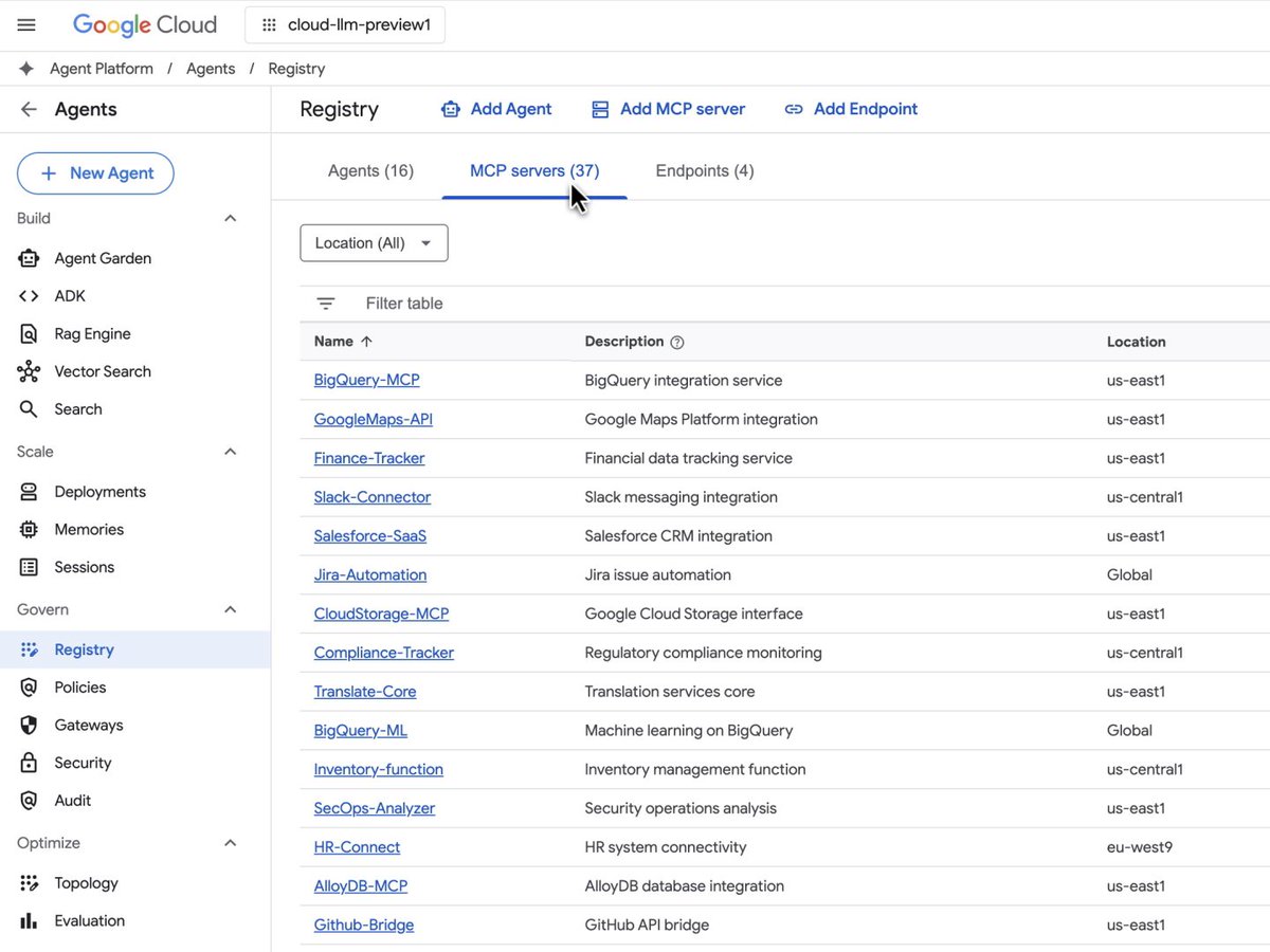 Our new Agent Registry in Gemini Enterprise Agent Platform provides a single source of truth for your enterprise. It indexes every internal agent, tool, and skill—simplifying discovery and ensuring governed, approved assets are available to your users →
