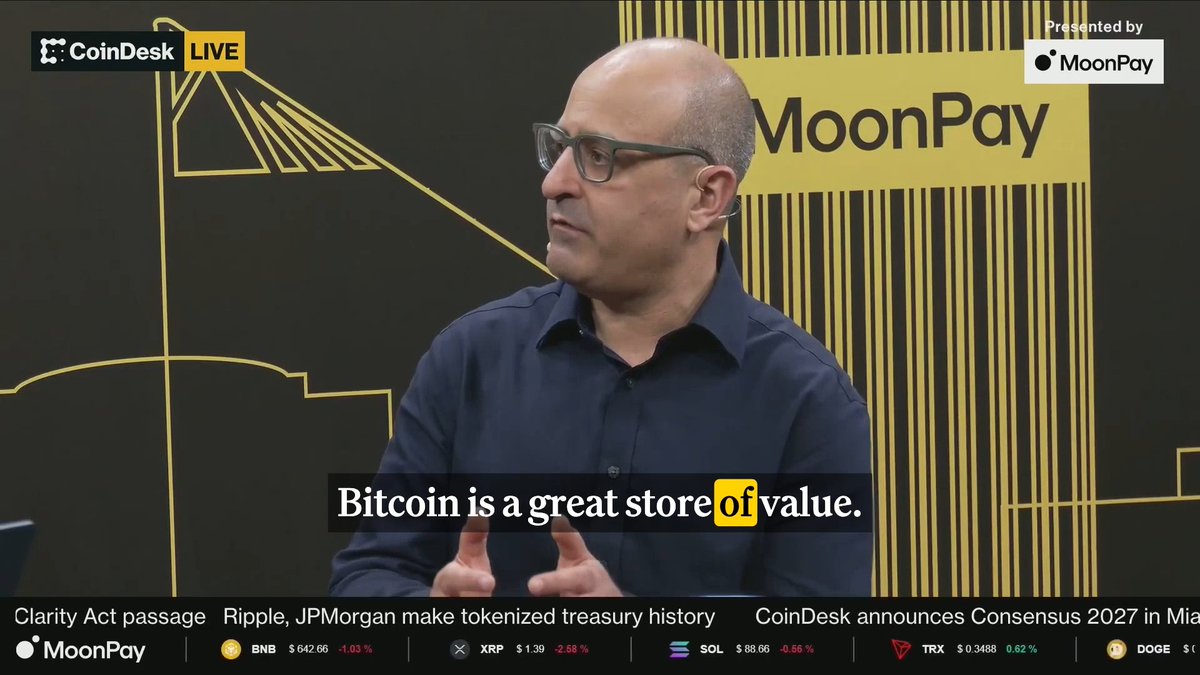 $Bitcoin "hasn't been digital gold when things have gone bad." Sharplink CEO Joseph Chalom weighs in on Bitcoin as a hedge to crisis, on CoinDesk Live at #Consensus2026 → Miami, presented by MoonPay 🟣.