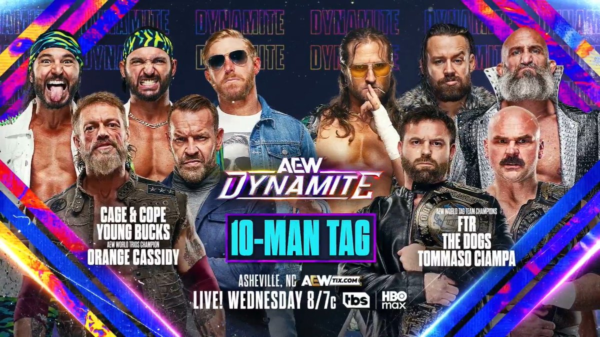 #AEWDynamite 8/7c, TBS + HBO Max This Wednesday, 5/13! @YoungBucks/@OrangeCassidy/Adam Copeland/Jay 'Christian' Reso vs FTR/Tommaso Ciampa/David Finlay/Clark Connors After brawling on #AEWDynamite, The Bucks, OC, Cage + Cope face FTR, Ciampa + The Dogs, THIS WEDNESDAY!