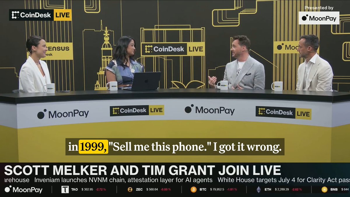 Deus X Capital CEO Tim Grant on what crypto and DeFi got wrong: "You can't be making pens and selling the pen. You've got to be making the pens that people need." On CoinDesk Live at Consensus 2026, presented by MoonPay 🟣.