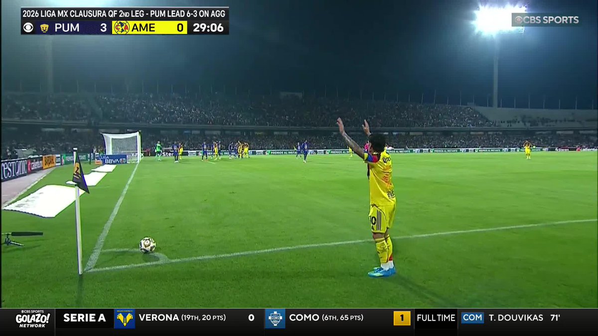 23': Pumas 3-0 Club America (Agg. 6-3)... 30': Pumas 3-1 Club America (Alex Zendejas assist) ⚽️ 40': Pumas 3-2 Club America (Alex Zendejas goal) ⚽️ 61': Pumas 3-3 Club America (Alex Zendejas goal) ⚽️ EPIC COMEBACK FROM @CLUBAMERICA_EN IN THE LIGA MX QUARTERFINAL SECOND LEG 😳