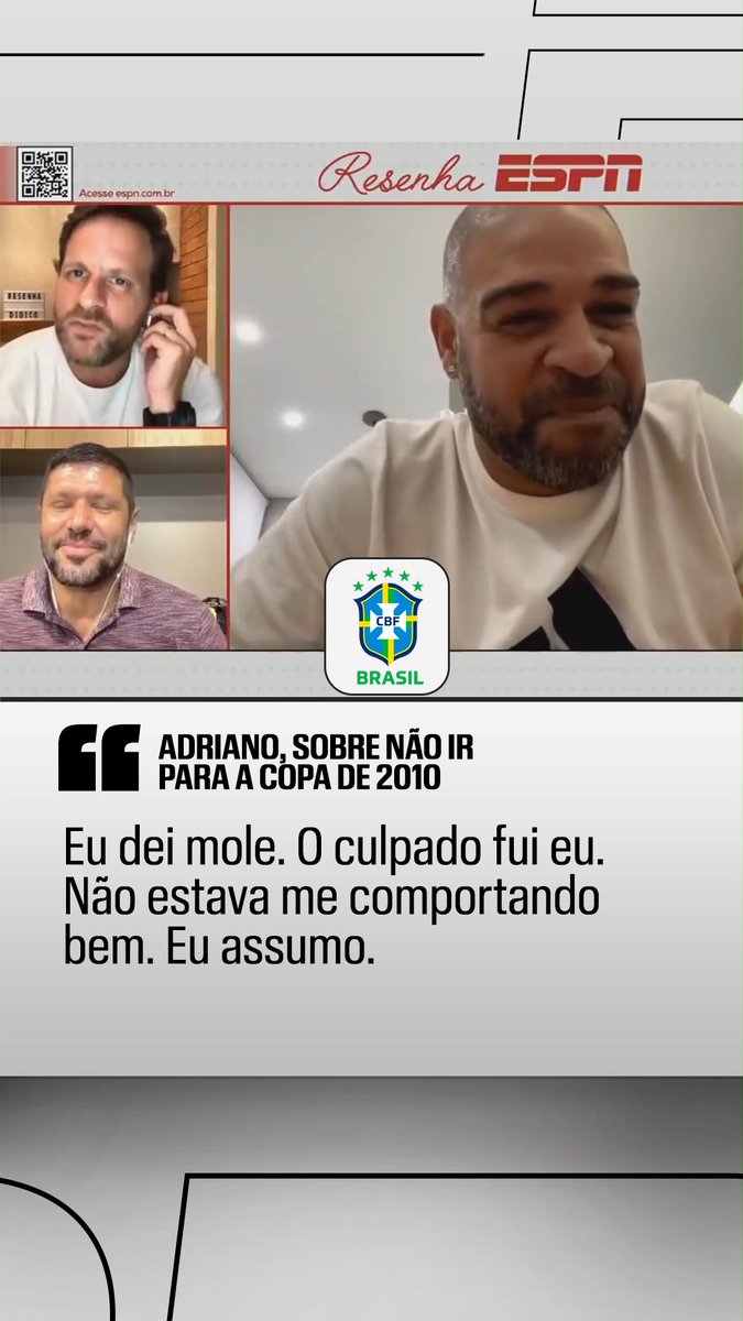 Em 2021, Adriano Imperador participou do Resenha ESPN e assumiu culpa por ausência na Copa do Mundo de 2010! #ResenhaESPN #ESPN2026 Assista à convocação da seleção brasileira para a Copa de 2026 no dia 18/05, às 17h, AO VIVO no YouTube da ESPN Brasil!