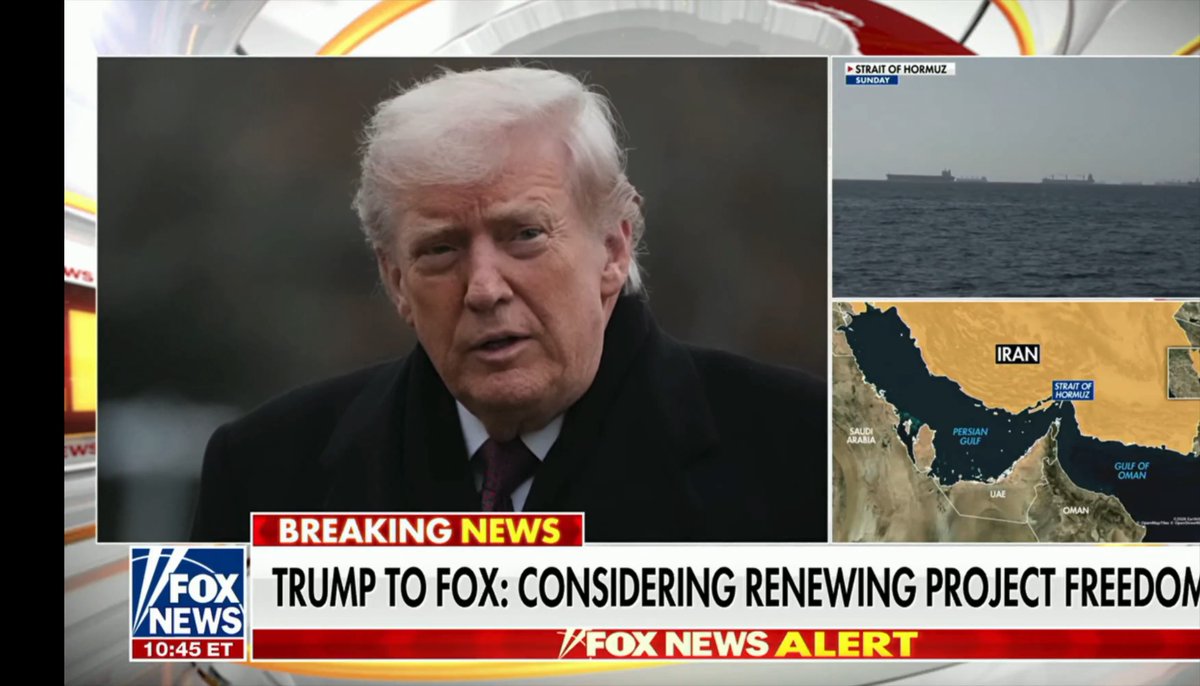 BREAKING: Trump just told Fox News that he is considering reimplementing "Project Freedom", which was the failed mission to try and escort ships through the Strait of Hormuz. He also claimed that Iran is "going to fold. God, what a f--king mess!