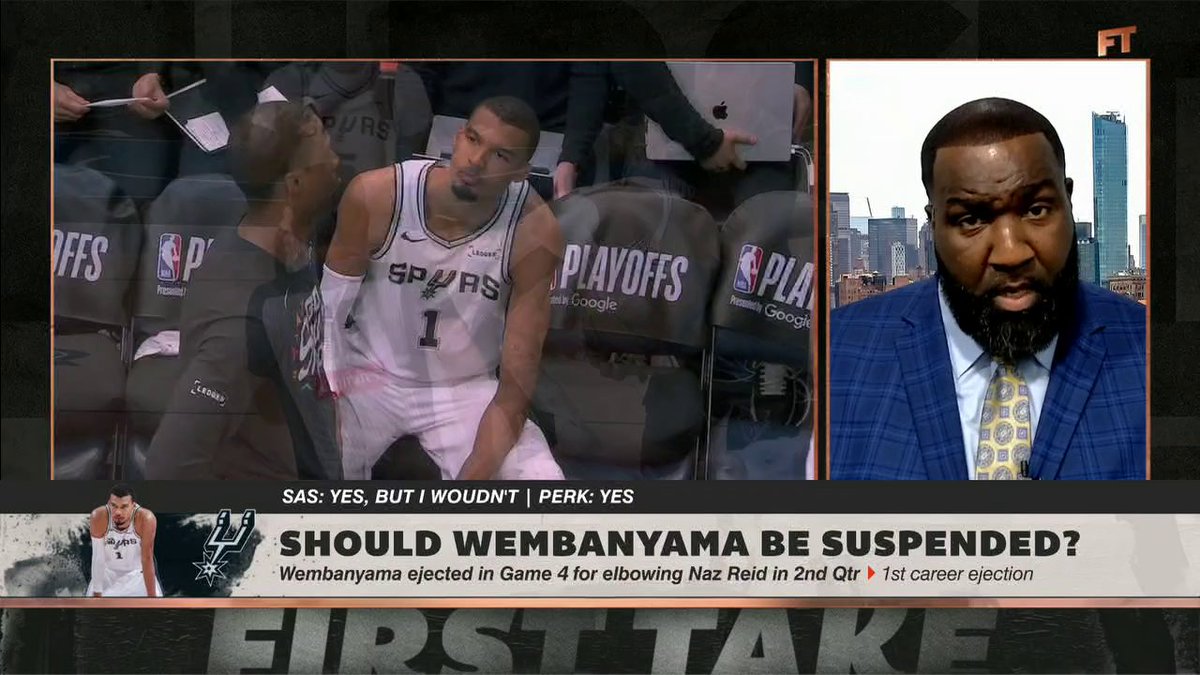 "They better do it. And if they don't, it's going to be a horrible look on Adam Silver and the NBA if they allow him to get away with this. ... Wemby should be suspended for a Game 5." Kendrick Perkins says he wants Wemby suspended for Game 5 for elbowing Naz Reid 😳 👀